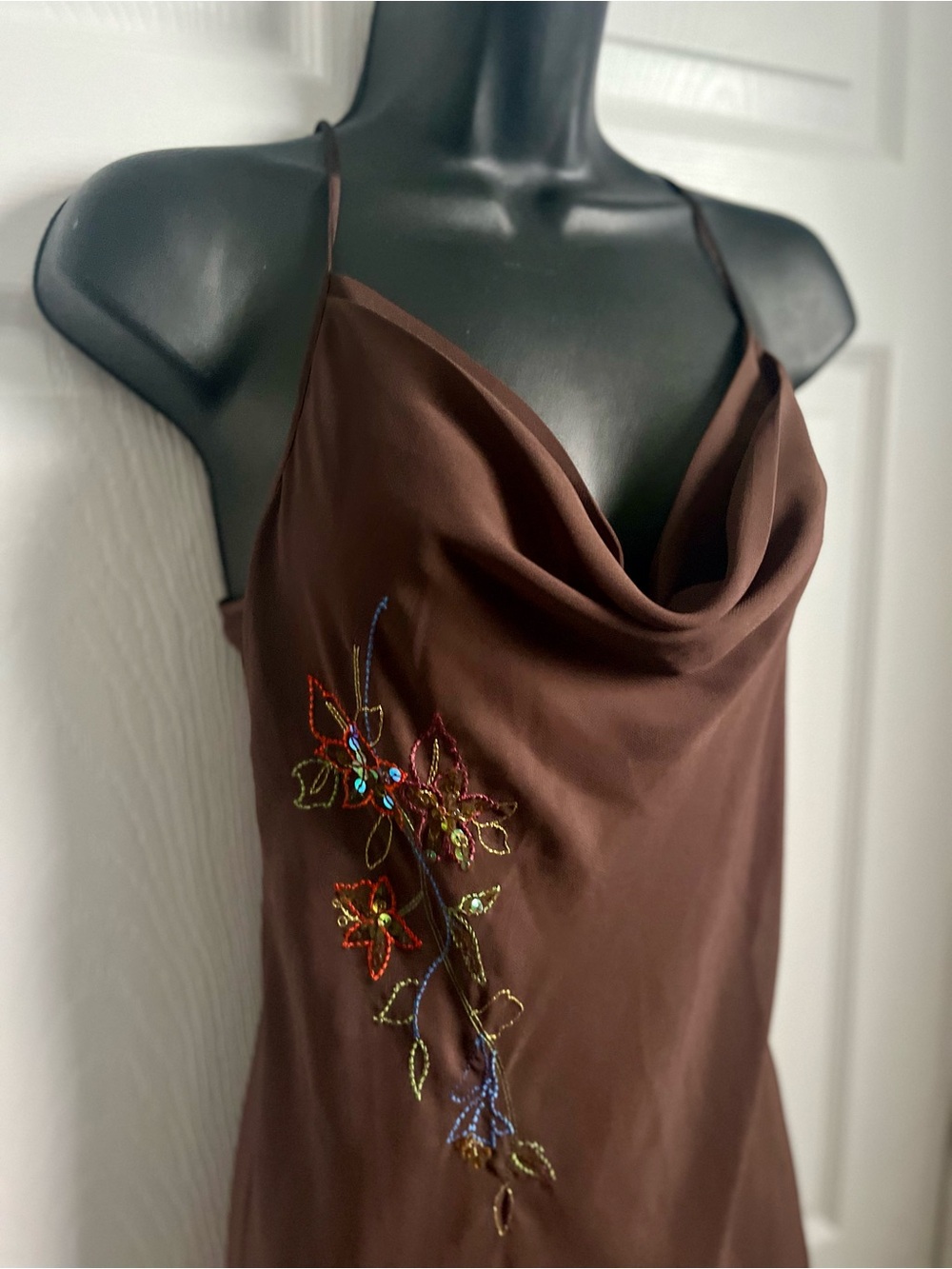 Y2K La Vie En Rose Slip Dress Brown Satin Cowl Neck Maxi Beaded Floral Small - Picture 2 of 5